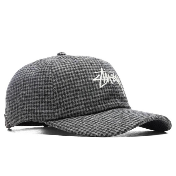 STUSSY WOOL CHECK BIG STOCK LOW PRO CHARCOAL CAP HAT One Size Embroidered Logo - Picture 4 of 5